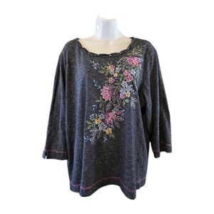 Alfred Dunner Shirt Womens XL Black White Stripe Floral Embroidery 3/4 Sleeve